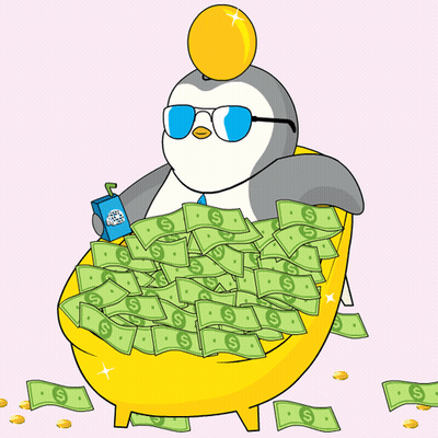 A Penguin Is Sitting In A Tub Filled With Money GIF