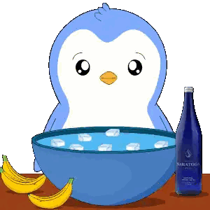 A Penguin Is Sitting Next To A Bowl Of Water With Ice Cubes Sticker