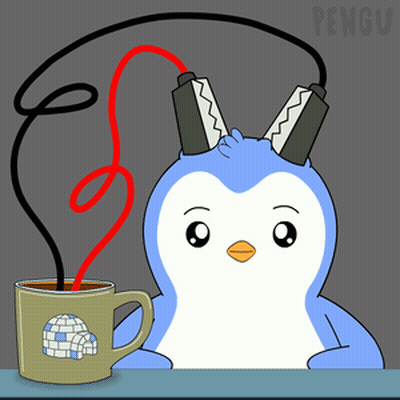 A Penguin Is Sitting Next To A Cup Of Coffee With Headphones On GIF