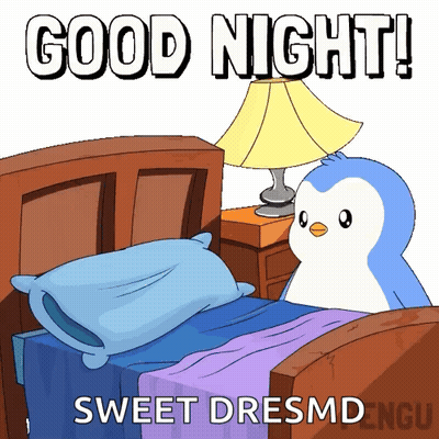 A Penguin Is Sitting On A Bed With The Words Good Night Sweet Dreamsmd On The Bottom GIF