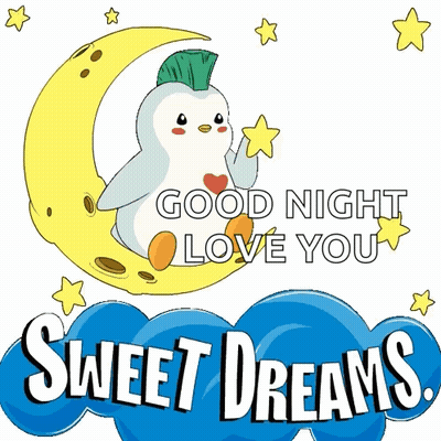 A Penguin Is Sitting On A Crescent Moon With The Words " Good Night Love You Sweet Dreams " Below It GIF