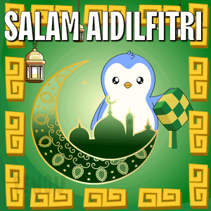 A Penguin Is Sitting On A Crescent Moon With The Words Salam Aidilfitri Written On The Bottom GIF