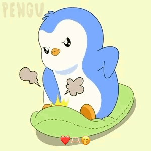 A Penguin Is Sitting On A Green Pillow With Smoke Coming Out Of It 'S Mouth GIF