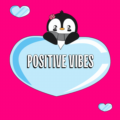 A Penguin Is Sitting On A Heart That Says " Positive Vibes " GIF