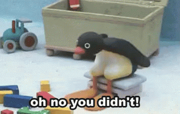 A Penguin Is Sitting On A Pile Of Pillows With The Words Oh No You Didn 'T Written Below It GIF
