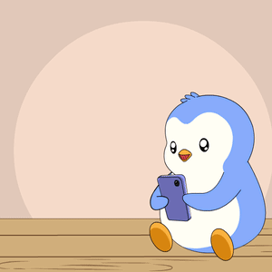 A Penguin Is Sitting On A Table Looking At A Cell Phone With Hearts Coming Out Of It GIF