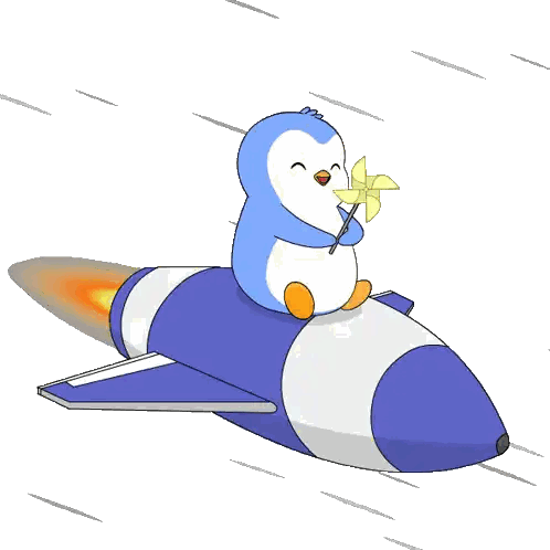 A Penguin Is Sitting On Top Of A Blue And White Rocket Sticker