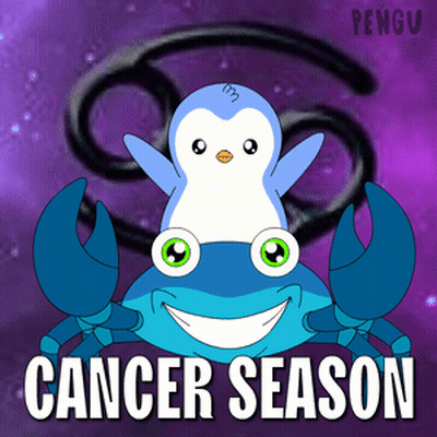 A Penguin Is Sitting On Top Of A Blue Crab With The Words Cancer Season Written Below It GIF