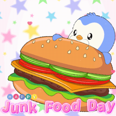 A Penguin Is Sitting On Top Of A Hamburger With The Words Happy Junk Food Day Below It GIF