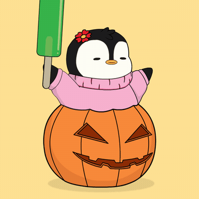 A Penguin Is Sitting On Top Of A Pumpkin And Holding A Green Popsicle GIF