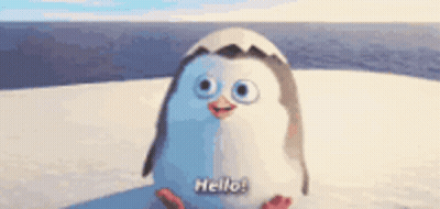 A Penguin Is Sitting On Top Of A Snow Covered Iceberg And Saying Hello . GIF