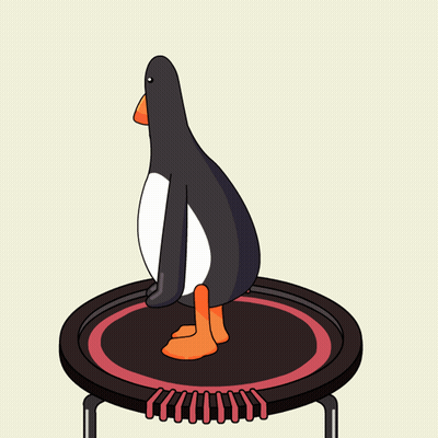 A Penguin Is Sitting On Top Of A Trampoline With Its Legs Crossed GIF