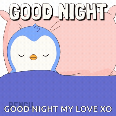 A Penguin Is Sleeping In A Bed With The Words " Good Night My Love Xo " Below It GIF
