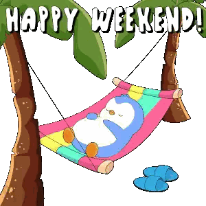 A Penguin Is Sleeping In A Hammock Under A Palm Tree With The Words Happy Weekend Sticker