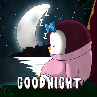 A Penguin Is Sleeping In Front Of A Full Moon With The Words Good Night Written Below It GIF