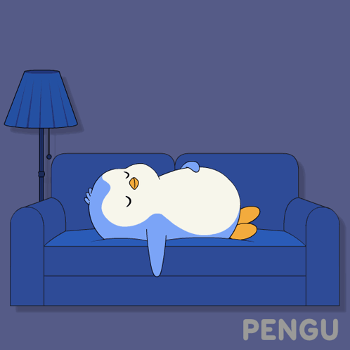 A Penguin Is Sleeping On A Blue Couch With The Words Goodnight Penguin Below It GIF
