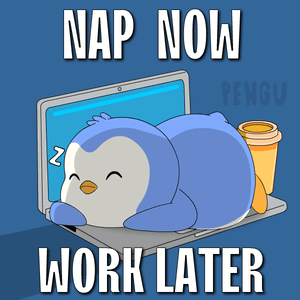 A Penguin Is Sleeping On A Laptop With The Words Nap Now Work Later Below It GIF
