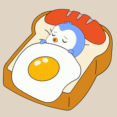 A Penguin Is Sleeping On A Piece Of Toast With An Egg And Sausage GIF