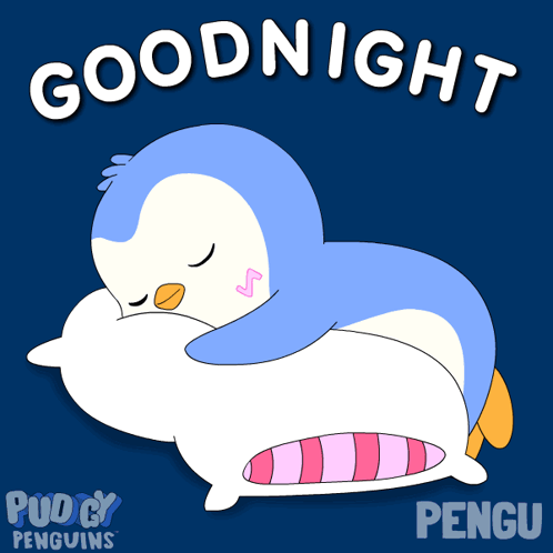 A Penguin Is Sleeping On A Pillow With The Words Goodnight Pengu Written Above It GIF