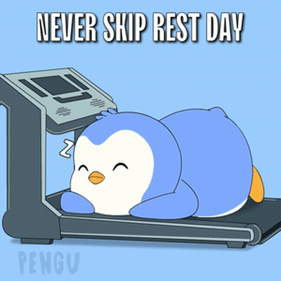 A Penguin Is Sleeping On A Treadmill With The Words " Never Skip Rest Day " Above It GIF