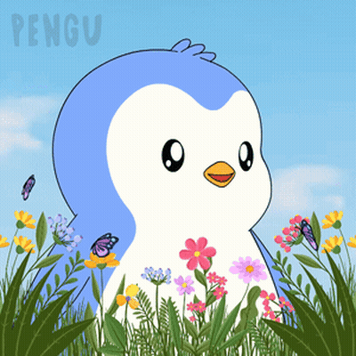 A Penguin Is Standing In A Field Of Flowers GIF