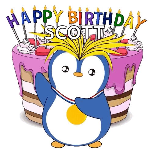 A Penguin Is Standing In Front Of A Birthday Cake With The Name Scott On It GIF