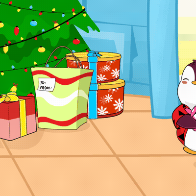 A Penguin Is Standing In Front Of A Christmas Tree With Gifts And A Bag That Says 10 From On It GIF