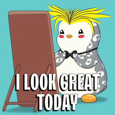 A Penguin Is Standing In Front Of A Mirror With The Words I Look Great Today Below It GIF