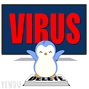 A Penguin Is Standing In Front Of A Screen That Says Virus On It GIF