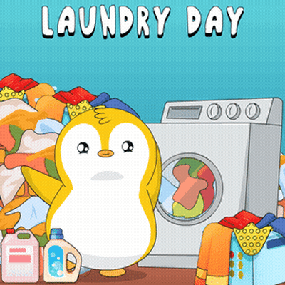 A Penguin Is Standing In Front Of A Washing Machine With The Words Laundry Day Written Above It GIF