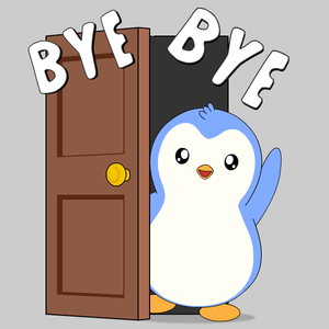 A Penguin Is Standing In Front Of An Open Door With The Words Bye Bye Above It GIF