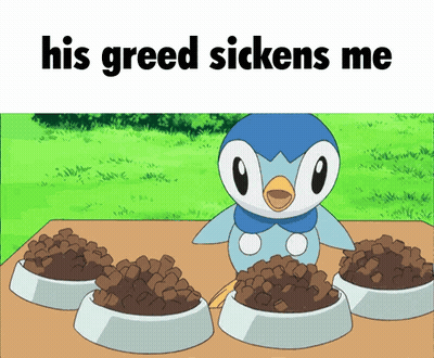 A Penguin Is Standing In Front Of Three Bowls Of Dog Food With The Caption His Greed Sickens Me GIF