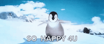 A Penguin Is Standing In The Snow With The Words So Happy 4U Below It GIF