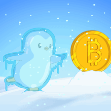 A Penguin Is Standing Next To A Bitcoin Coin GIF