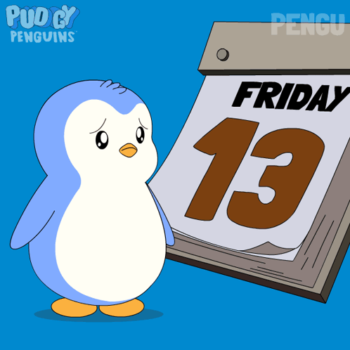 A Penguin Is Standing Next To A Calendar That Says Friday The 13Th GIF