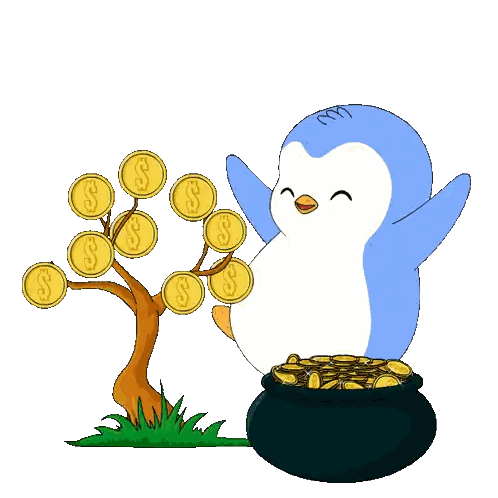 A Penguin Is Standing Next To A Pot Of Gold And A Tree With Coins On It Sticker