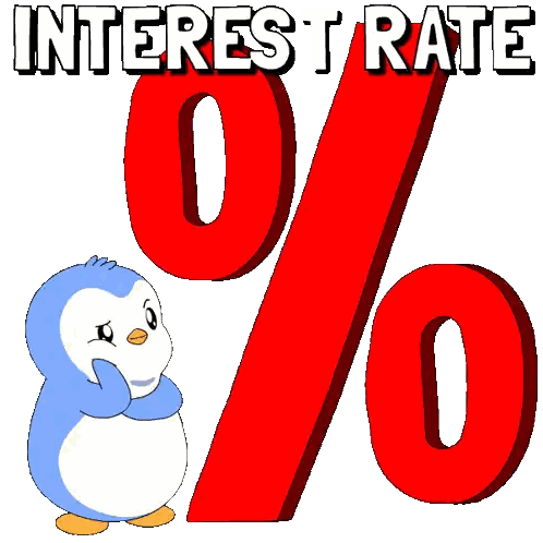 A Penguin Is Standing Next To A Red Percent Sign That Reads Interest Rate Sticker