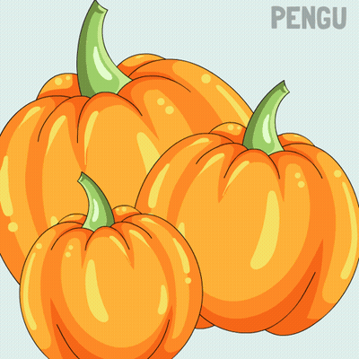 A Penguin Is Standing Next To Two Pumpkins And The Word Pengu Is On The Bottom Right GIF