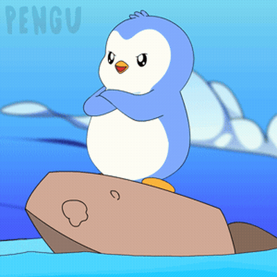 A Penguin Is Standing On A Rock In The Water With The Word Pengu Behind Him GIF