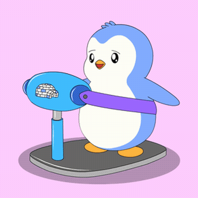 A Penguin Is Standing On A Scale With A Purple Band Around His Waist GIF