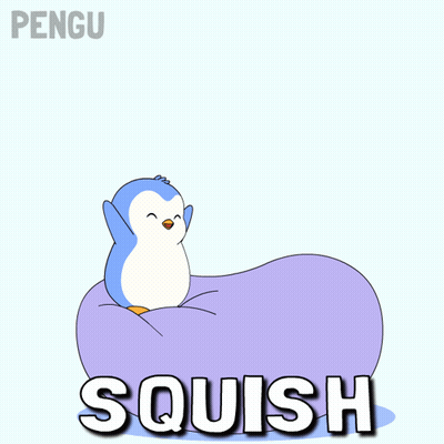 A Penguin Is Standing On Top Of A Purple Ball With The Word Squish Underneath It GIF