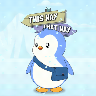 A Penguin Is Standing Under A Sign That Says This Way GIF