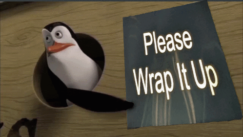 A Penguin Is Sticking Its Head Out Of A Hole Next To A Piece Of Paper That Says Please Wrap It Up GIF