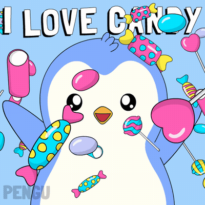 A Penguin Is Surrounded By Colorful Candy And The Words I Love Candy GIF