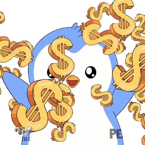 A Penguin Is Surrounded By Dollar Signs And The Word Pe Is On The Bottom Left Sticker