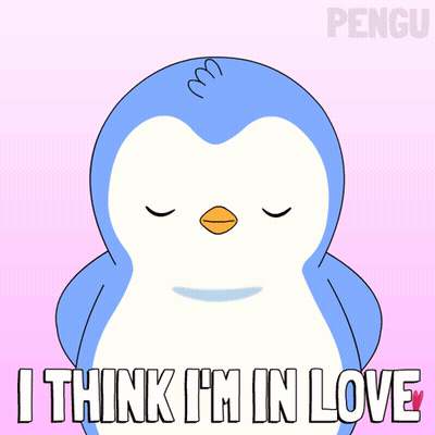 A Penguin Is Surrounded By Hearts And The Words I Think I 'M In Love GIF