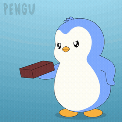 A Penguin Is Throwing A Brick In The Air And The Word Pengu Is On The Bottom Right GIF