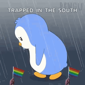 A Penguin Is Trapped In The South While Holding Two Rainbow Flags GIF