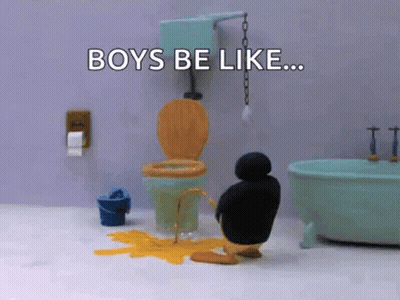 A Penguin Is Urinating In A Bathroom Next To A Bathtub And Toilet . GIF