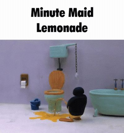 A Penguin Is Urinating In A Bathroom With The Words Minute Maid Lemonade GIF